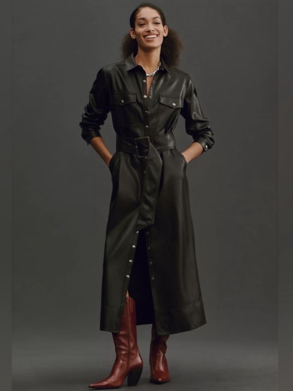 Anthropologie Pilcro Long-Sleeve Faux Leather Belted Midi Dress M Long Sleeve
